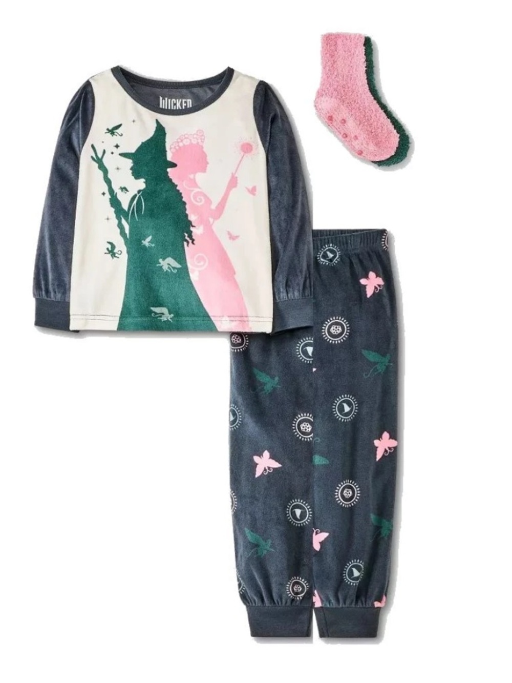Wicked Toddler Girl's Glinda & Elphaba Soft Pajama Set with Socks With Grippers